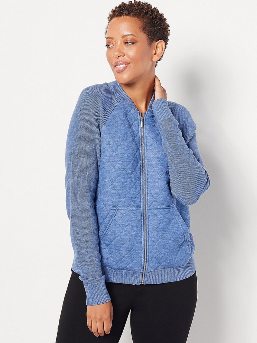 Isaac Mizrahi SOHO Mixed Media Zip Jacket Pockets Heather Indigo Women's Large